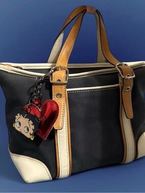 Coach Black Mini Tote with Tan and Cream Trim and Red Heart Charm